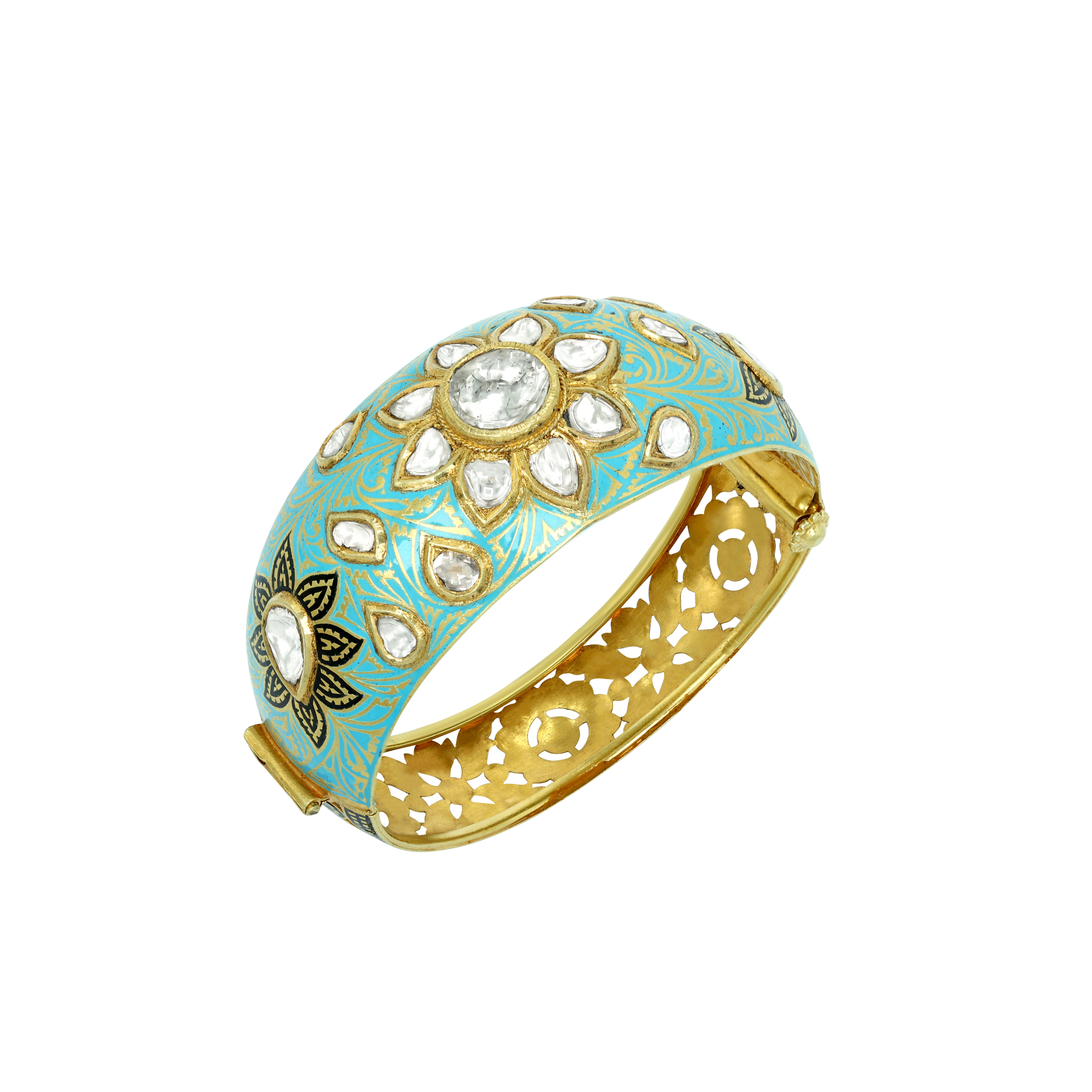 Turquoise Enamel Bangle with Polki Florals and Engraved Band